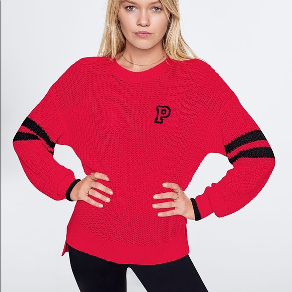 PINK Victoria's Secret Sweaters - 💕VS PINK RED VARSITY CREW BOYFRIEND SWEATER